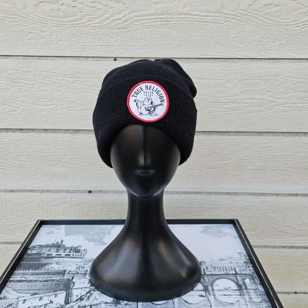 True Religion black logo patch beanie unisex